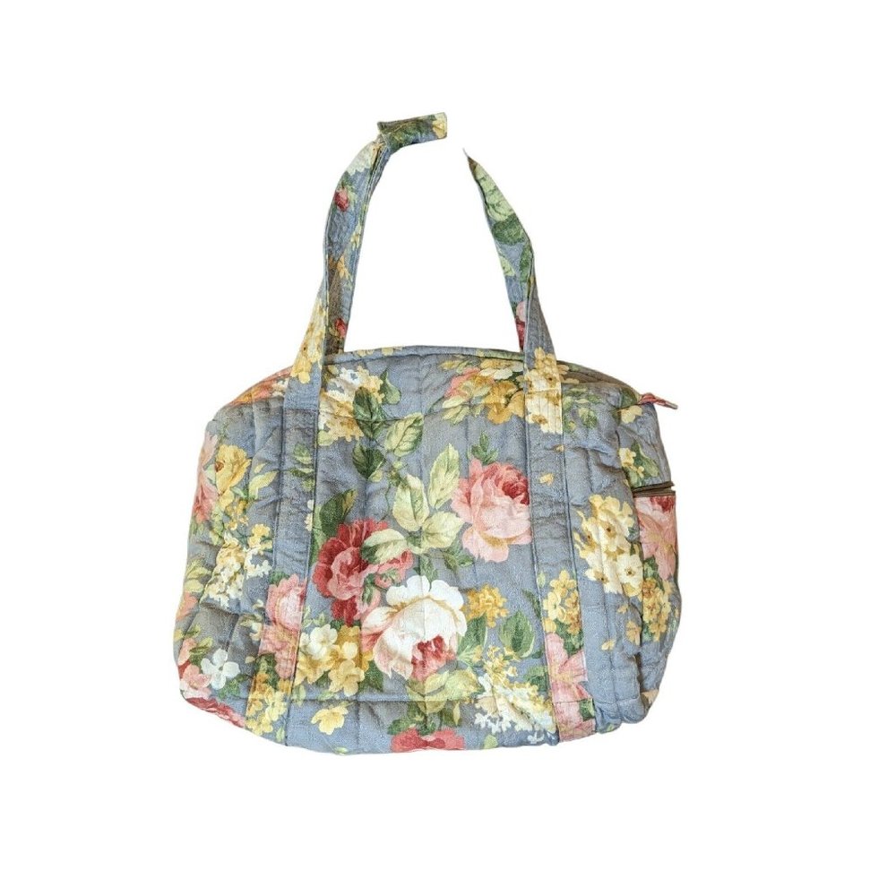 Large Vintage Quilted Victorian Roses Floral Tote Purse Bag Blue Pink Weekender